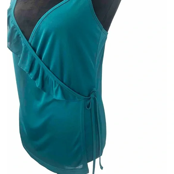 Women’s H&M size M turquoise faux wrap blouse with‎ ruffle. 100% polyester. NWOT - Picture 2 of 5